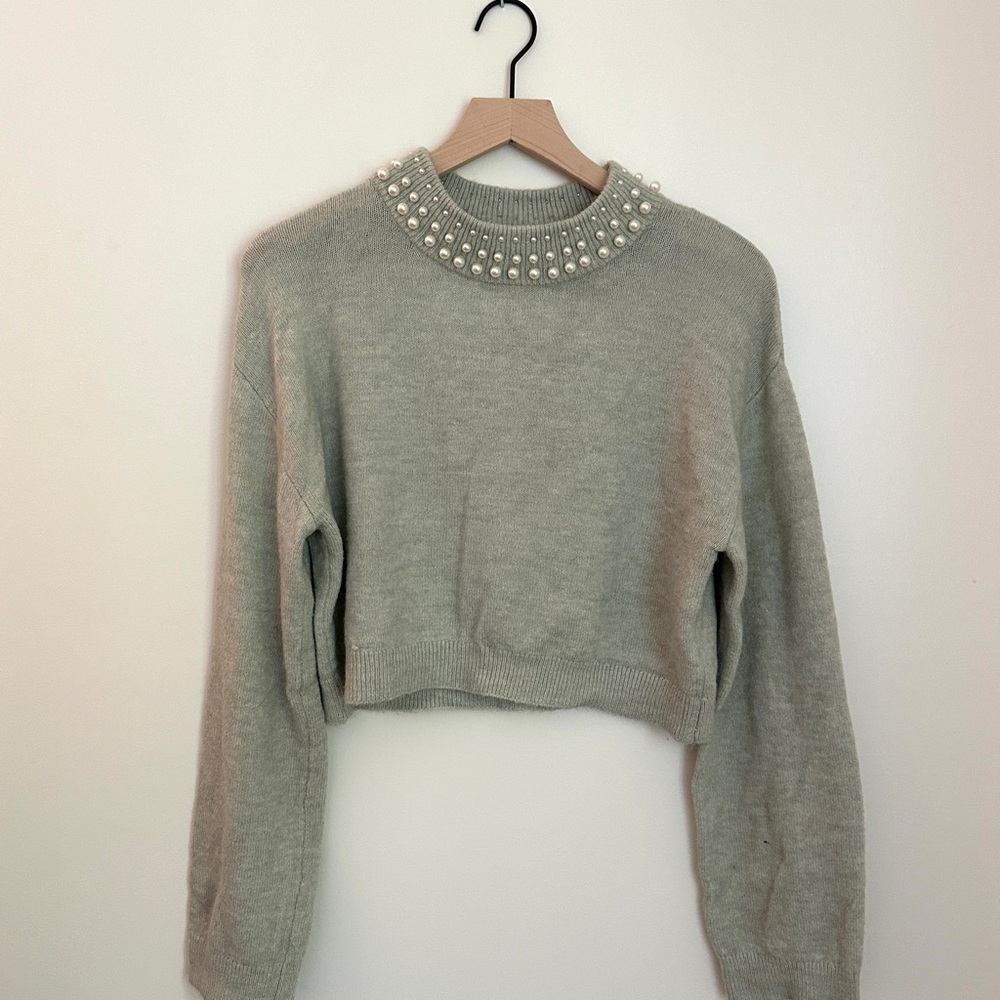 H&M Light Green Sweater with Pearl Details
